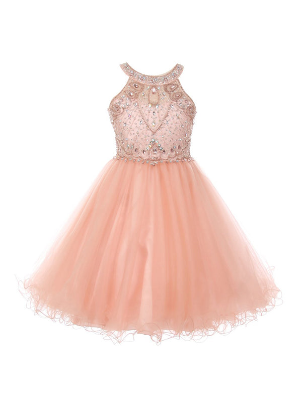 Girls Blush Rhinestone Halter Neck Tulle Flower Girl Junior Bridesmaid Dress 4-20 SophiasStyle.com